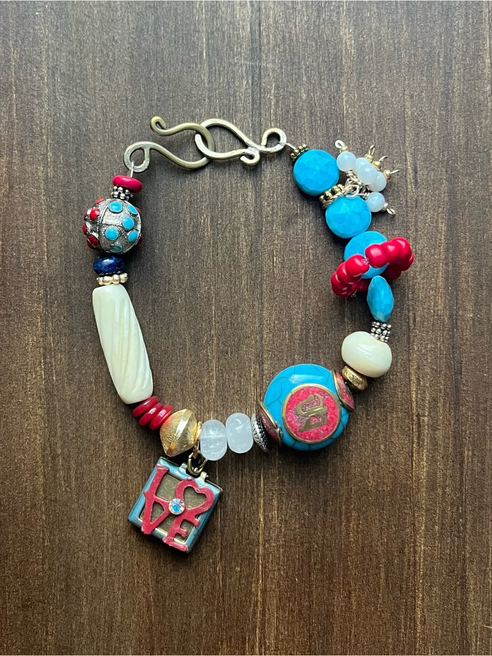 Boho Turquoise & Red Beaded LOVE Charm Bracelet